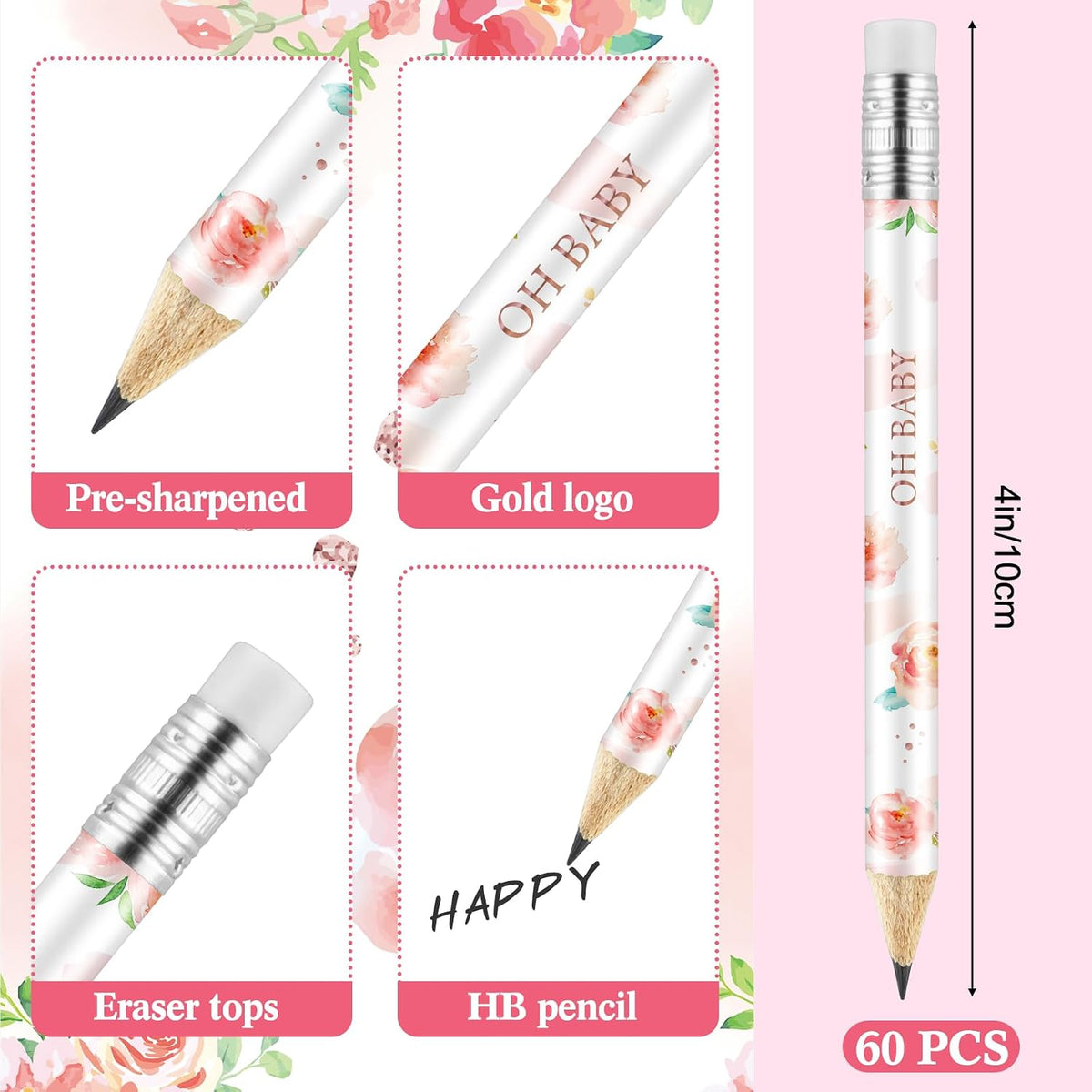 Tinlade 60 Pcs Baby Shower Pencils for Games, Mini Golf Pencil - Floral - image 2