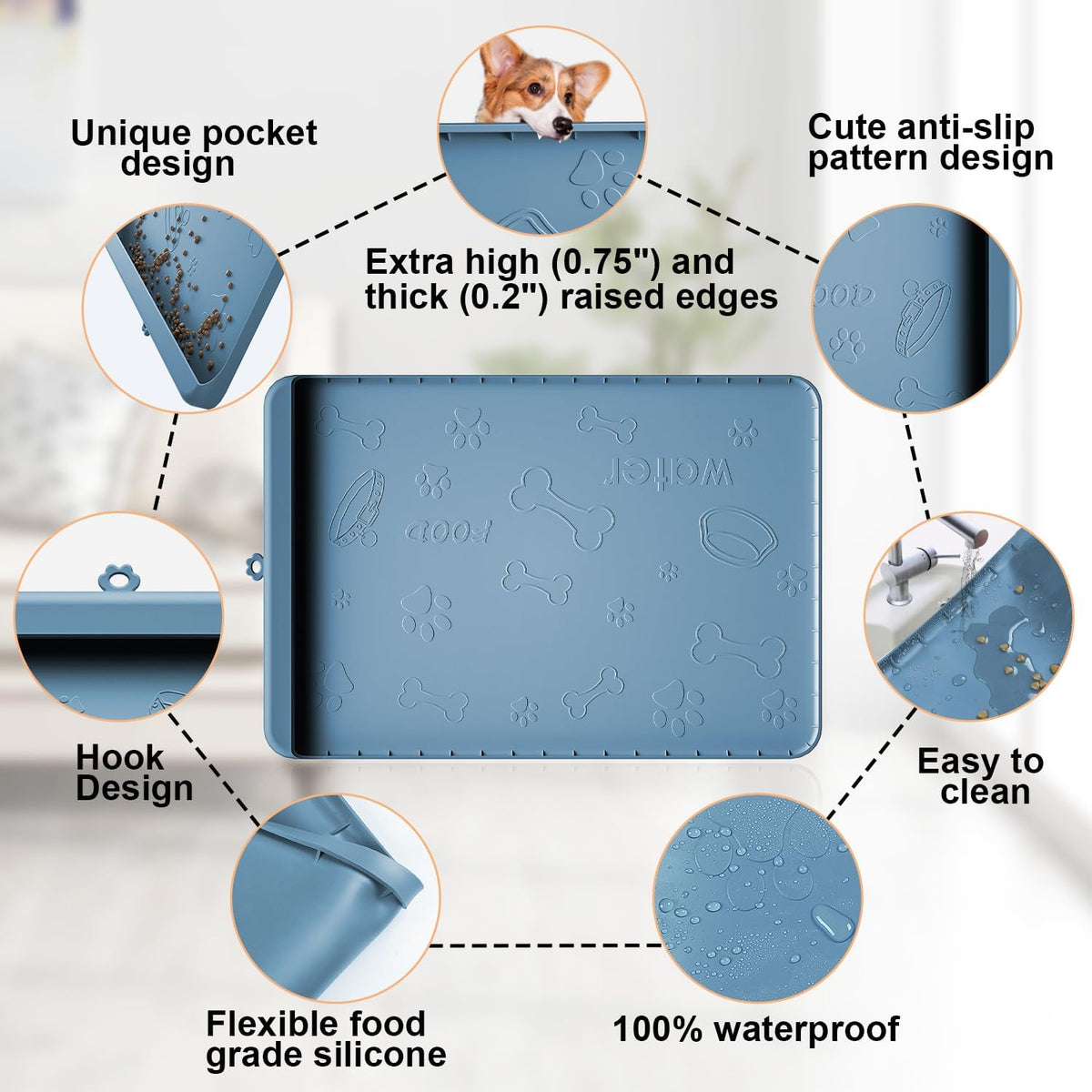 Dog Food Mat 36"x24" - Silicone Dog Mat for Food and Water Large Pet Feeding Mats with Residue - Aqua blue / 36"L x 24"W - image 4