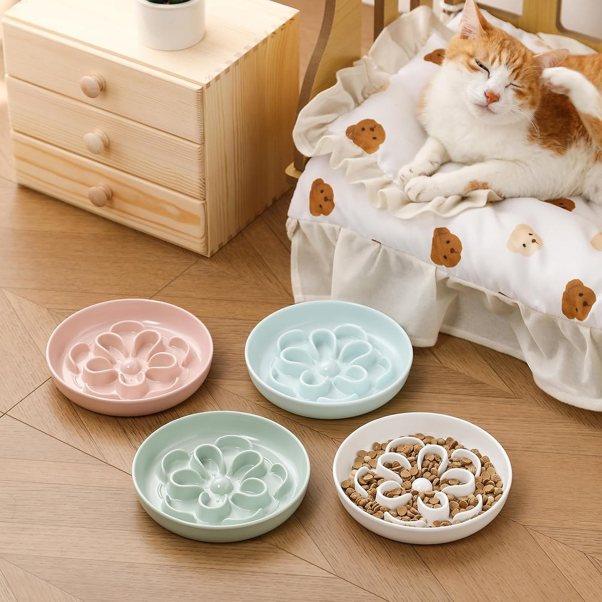 Melamine Cat Slow Feeder Bowl Set - White & Pink & Green / 3 PACK - image 4