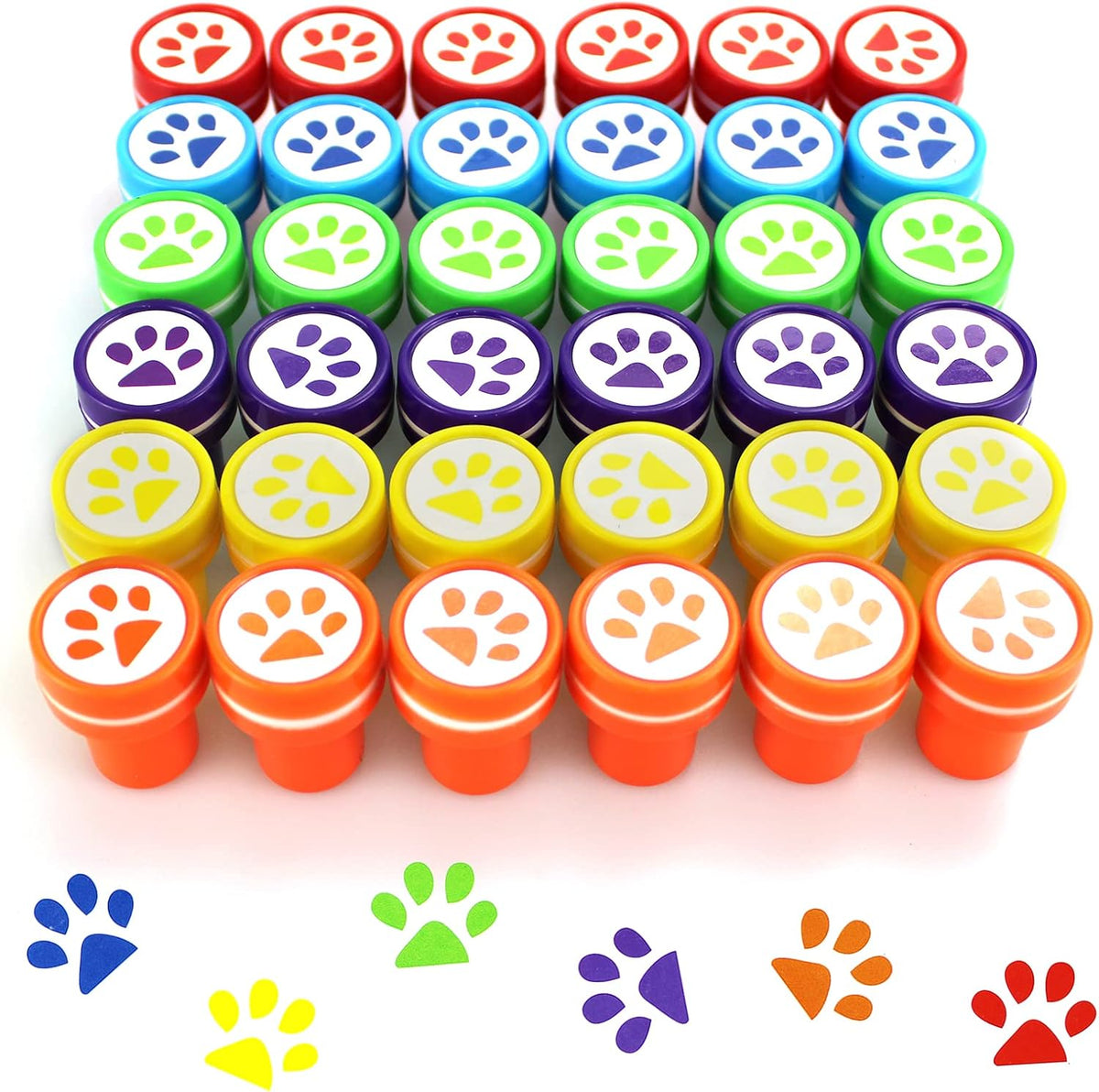 AHKUNMT 36 paw print self inking stampers in red, yellow, blue, green, orange and purple