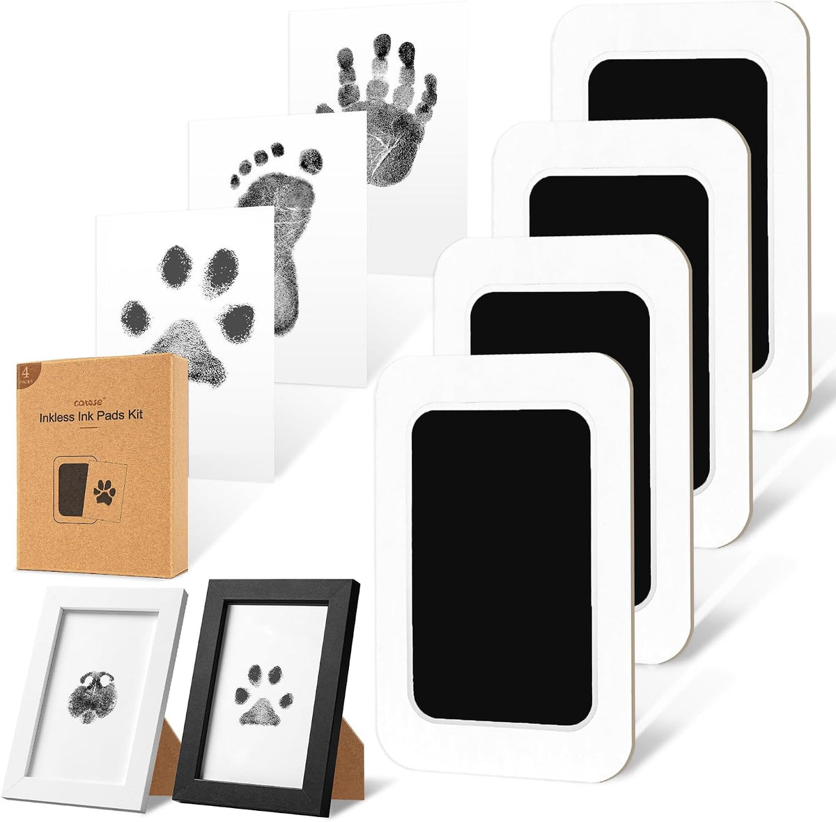 Inkless Paw Print Kit for Dogs, Cats & Babies - Black Pad,Black/White Wood Frame / 4-Pack,Medium