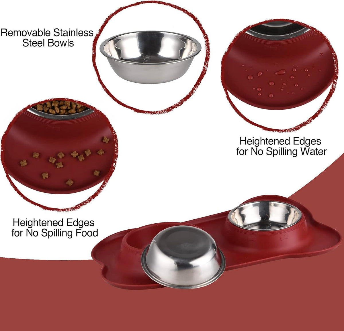 Dog Bowls 2 Stainless Steel Bowl for Pet Water and Food Feeder - 13½ oz ea / Burgundy - image 3
