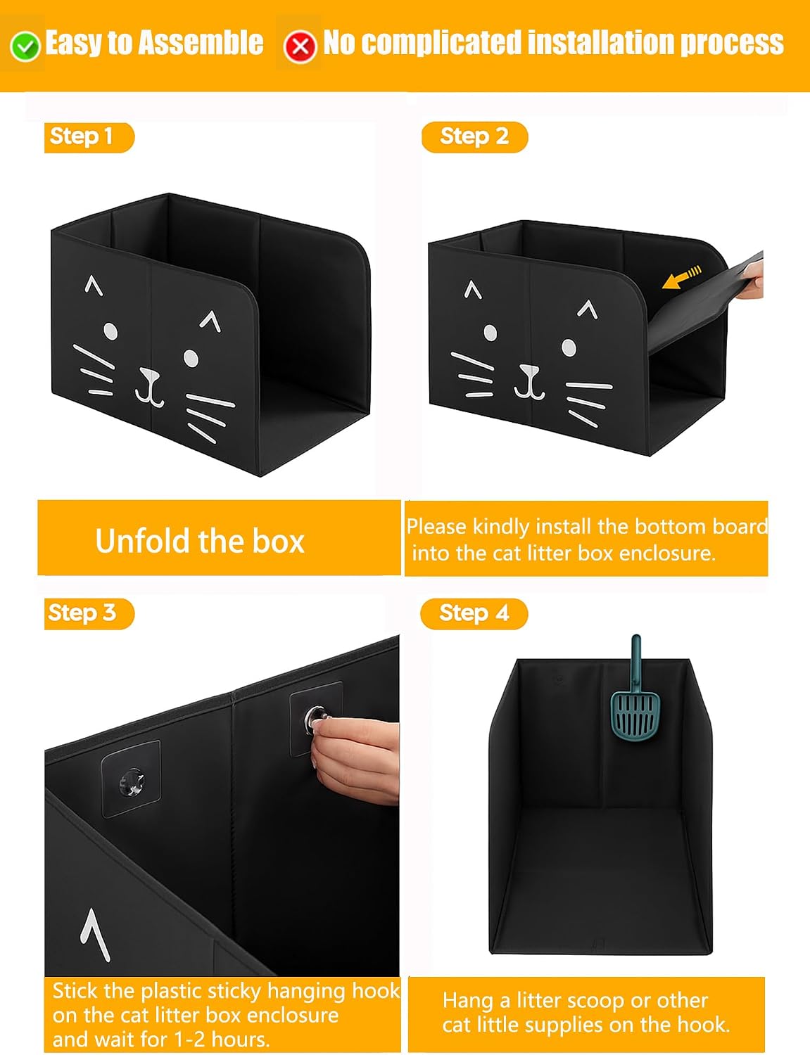 Waterproof Cat Litter Box Enclosure Splash Guard with Removable Mat - Black Cat Face / Large - image 4