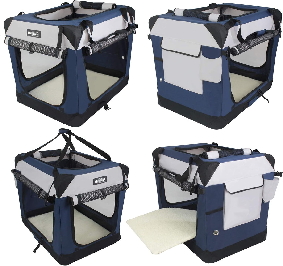 EliteField 4-Door Folding Soft Dog Crate with Curtains – Essentials for Dogs - Navy Blue+Gray / 20.0"L x 14.0"W x 14.0"H - image 4