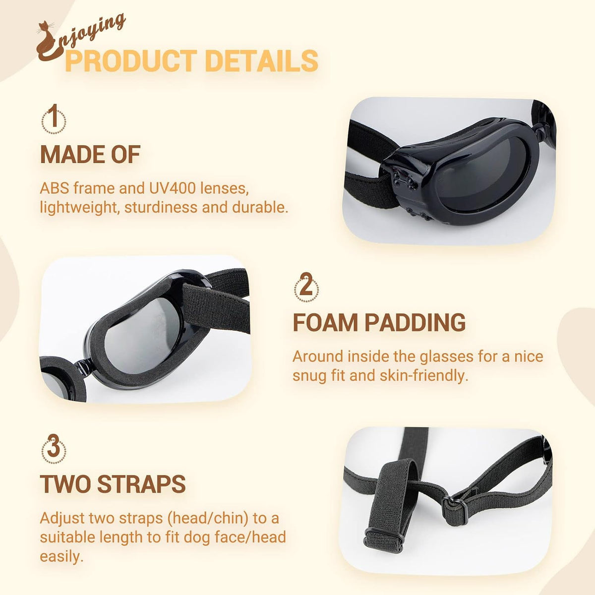 Enjoying Clear Dog Goggles Medium to Large Breed - Classic Black / Small Breeds - image 4