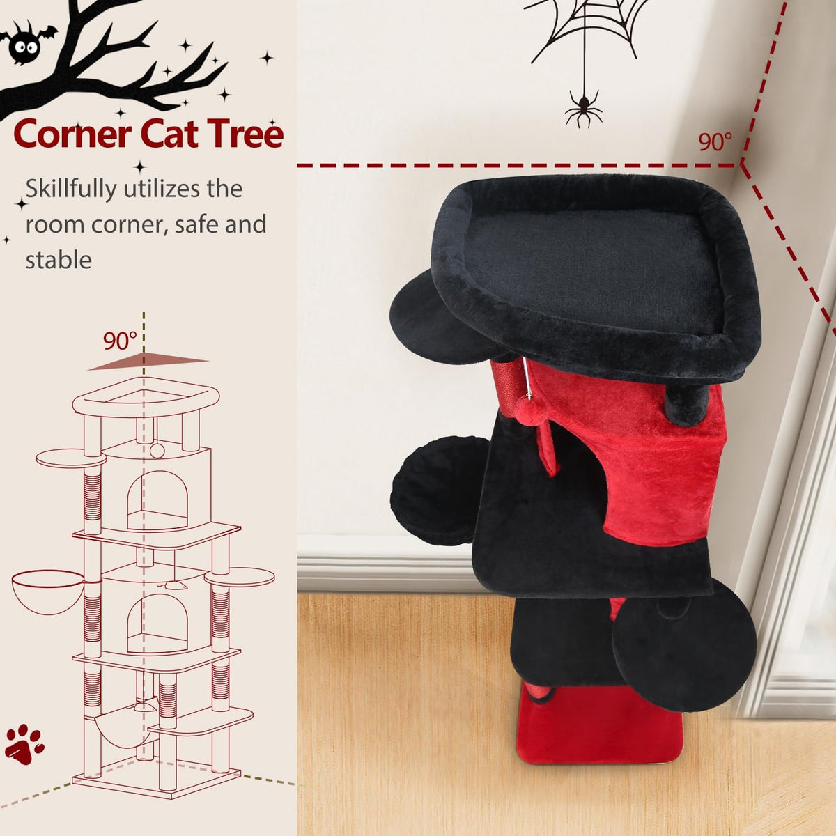 Globlazer Corner Stable Cat Tree Tower with Scratching Post, C51 - 66inch / Red Black - image 2