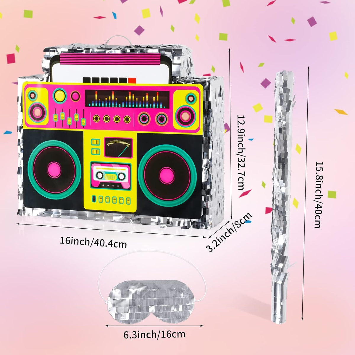 Waenerec boombox pinata with stick and blindfold, colorful radio shape with sequins - view 29