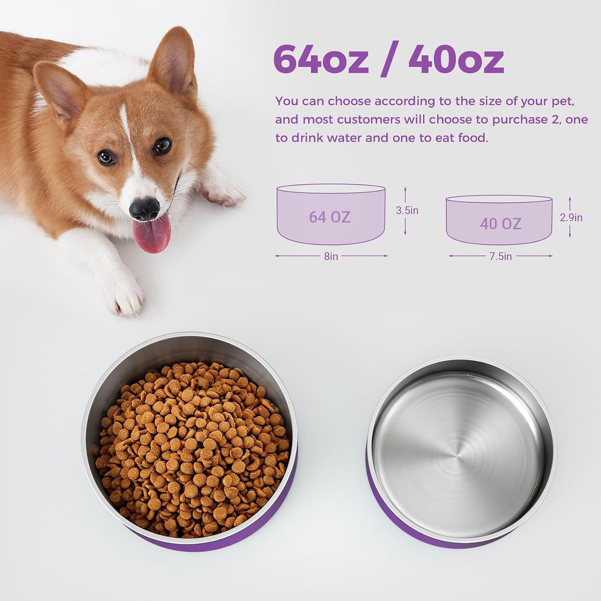 Dog Bowl, Stainless Steel Food and Water Bowl - 64 oz / Purple - image 2