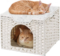 Cat Beds Indoor Kitten House, PE Rattan Cat Cave - White / Rectangle-M