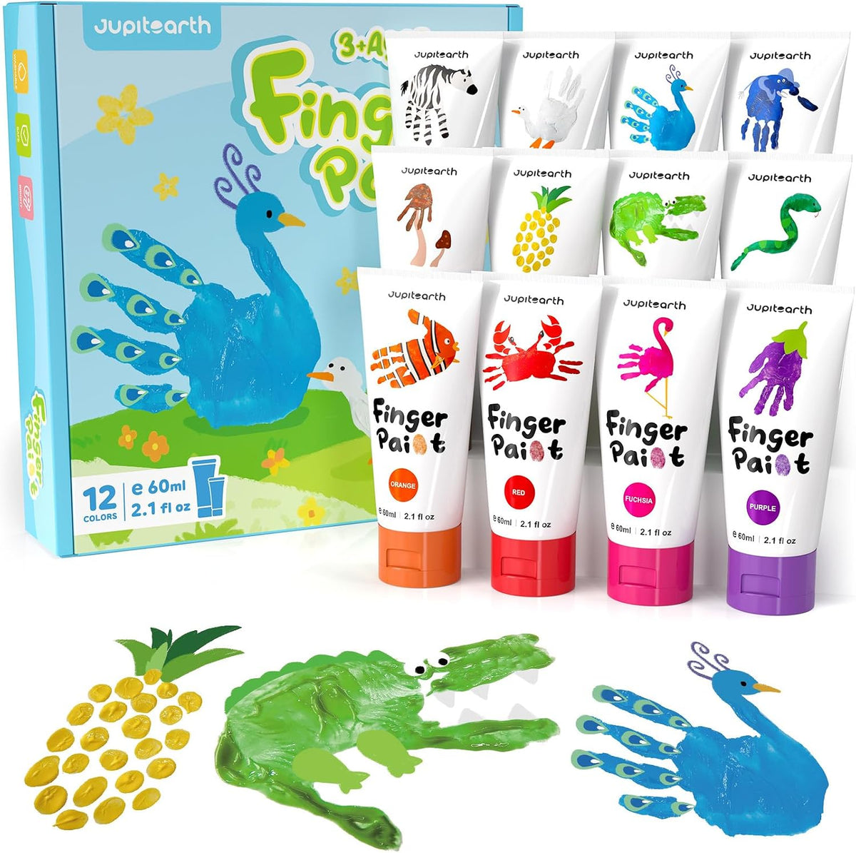 JUPITEARTH washable finger paint set for toddlers with 12 color tubes, apron, brush, palette and eye - view 2