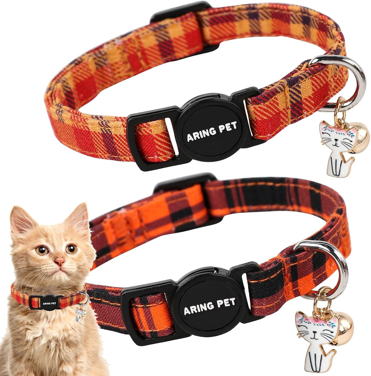 ARING PET 2 Pack Cat Collar-Cute Cotton Cat Collar Breakaway - halloween plaid