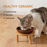 Elevated Cat Bowls, Ceramic Cat Bowl with Bamboo Stand Wide Opening – Essentials for Cats - Brown / Stripe x1 + Bamboo - image 4