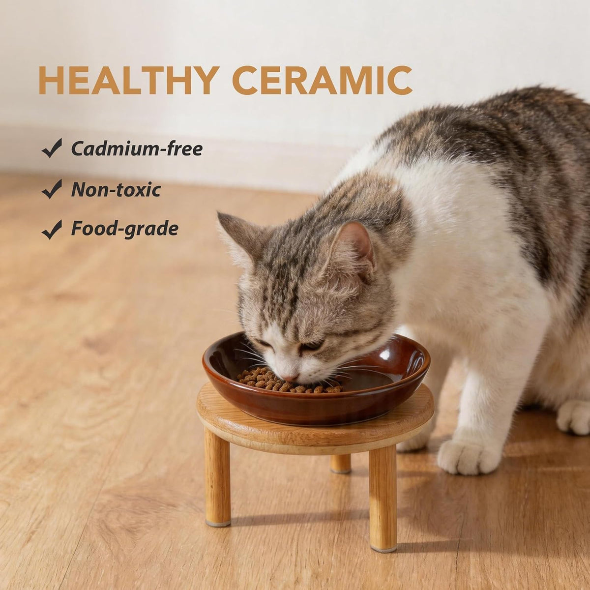 Elevated Cat Bowls, Ceramic Cat Bowl with Bamboo Stand Wide Opening – Essentials for Cats - Brown / Stripe x1 + Bamboo - image 4