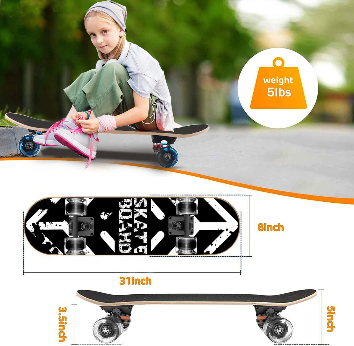 Skateboards with Colorful Flashing Wheels for Beginners, Kids - 4-Black and White - image 4