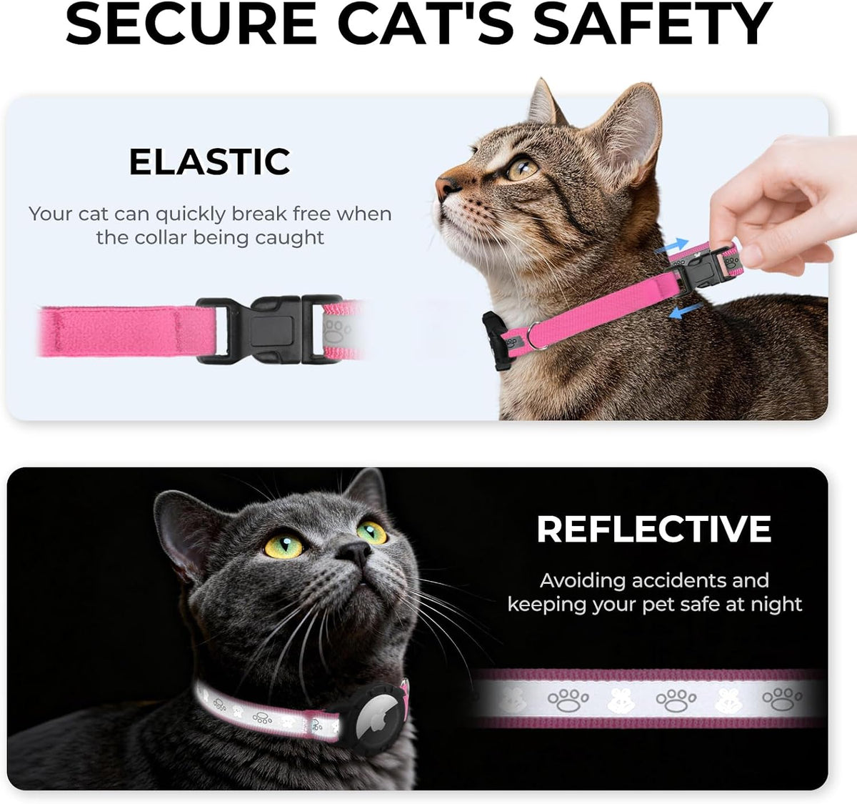Reflective AirTag Cat Collar - Hot Pink / Breakaway(8.5"-12") - image 2