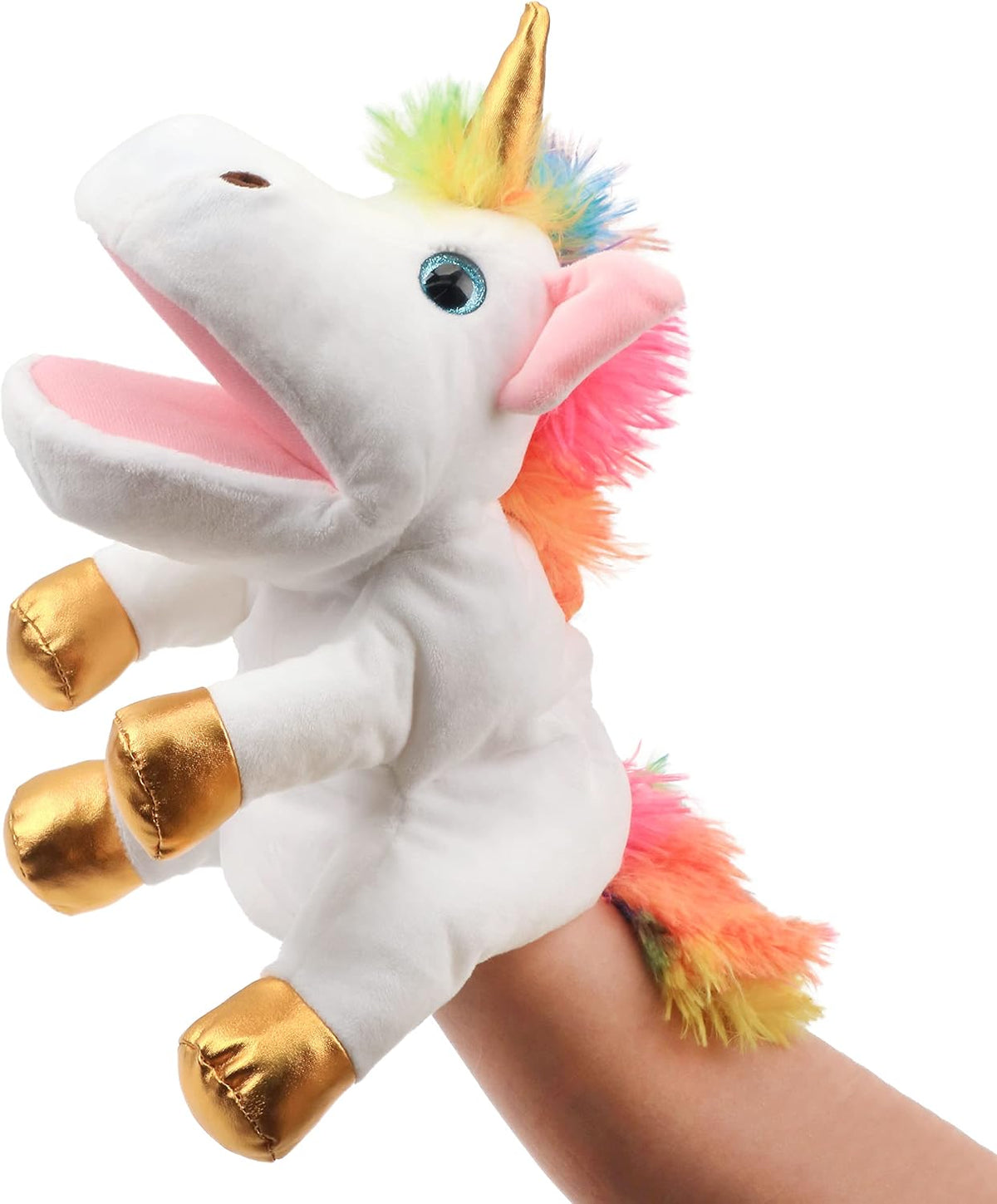 Hopearl white plush unicorn hand puppet with open movable mouth, 12 inches - view 7