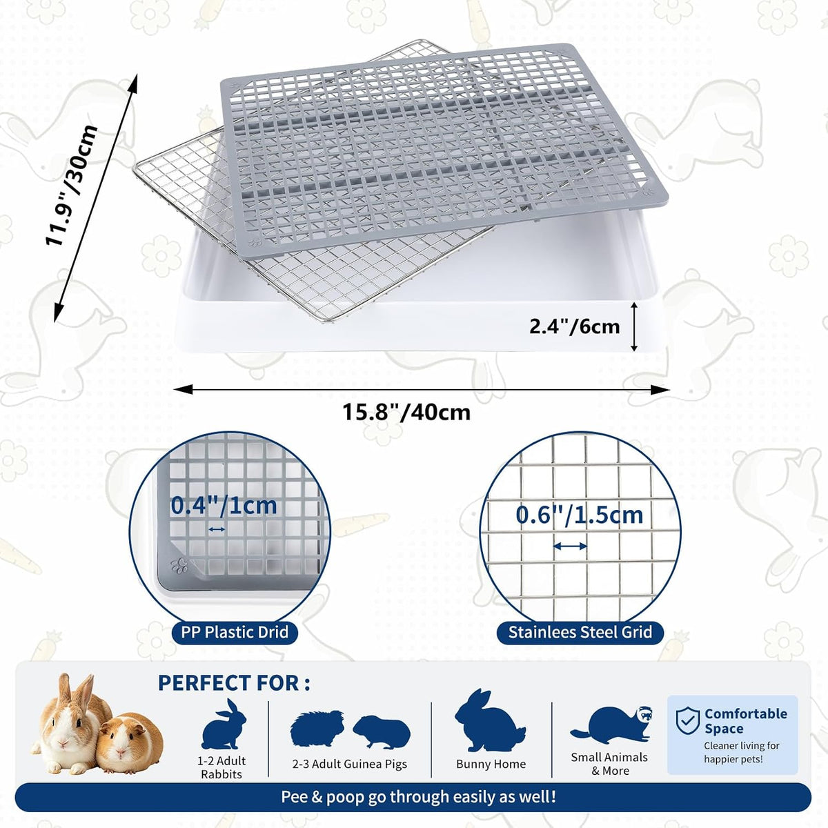 FHTONGE Extra Large Rabbit Litter Box Training Tray with Large Steel - 14.6x12x2.6"(40x30x6cm) / 0.5" Stee Grids + 0.4" PP Grids - image 4