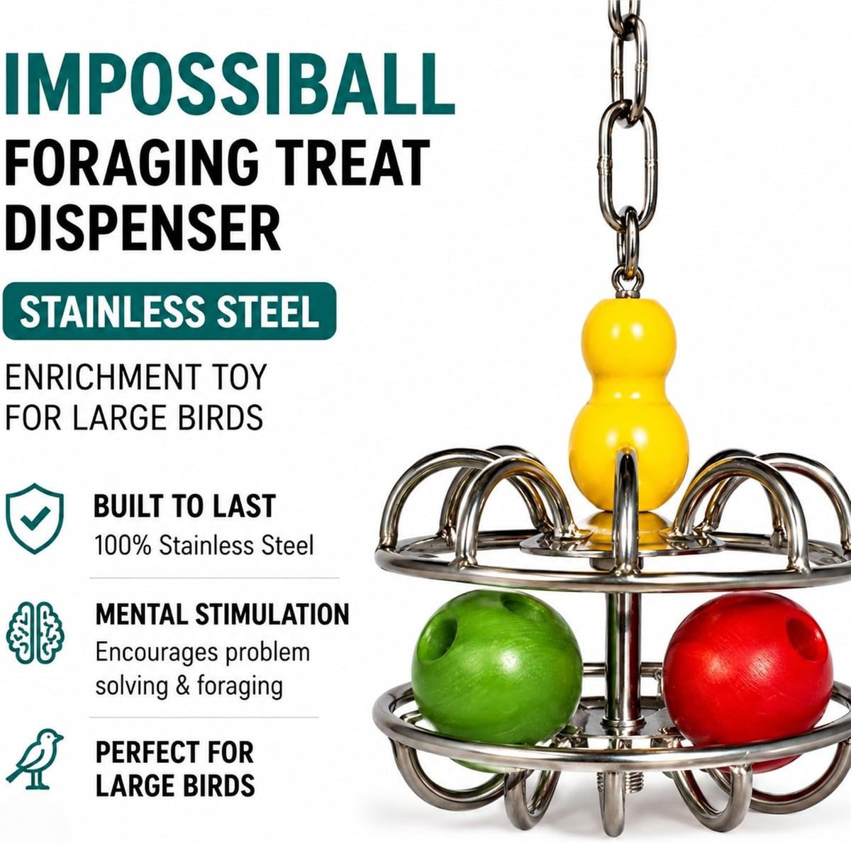 Bird Toys for Large Birds Stainless Steel Bird Toy with Traveling - Impossi-Ball - image 2