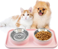 Double Dog Food Bowls Stainless Steel with No Spill Non Skid Silicone - 【Pink】