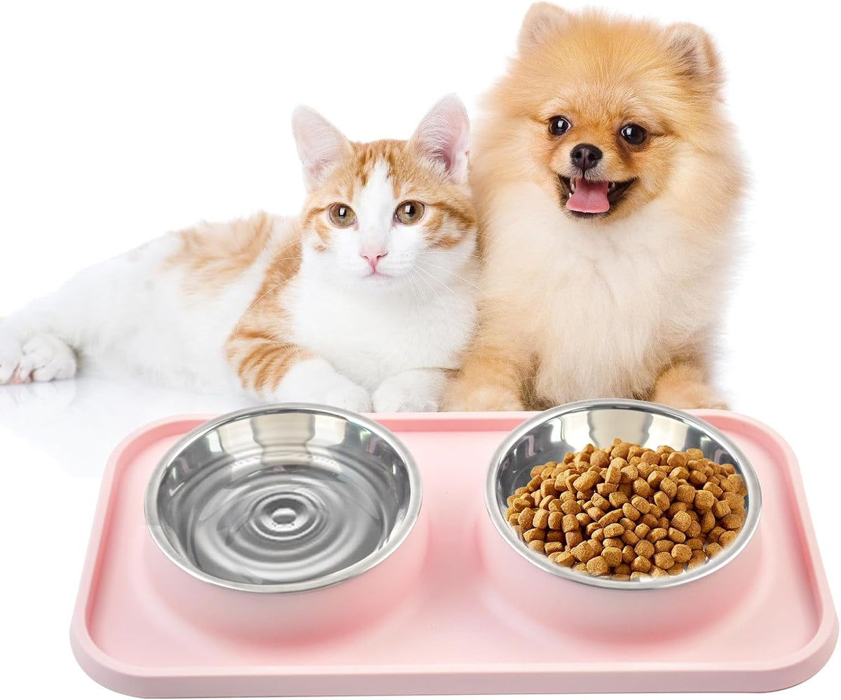Double Dog Food Bowls Stainless Steel with No Spill Non Skid Silicone - 【Pink】