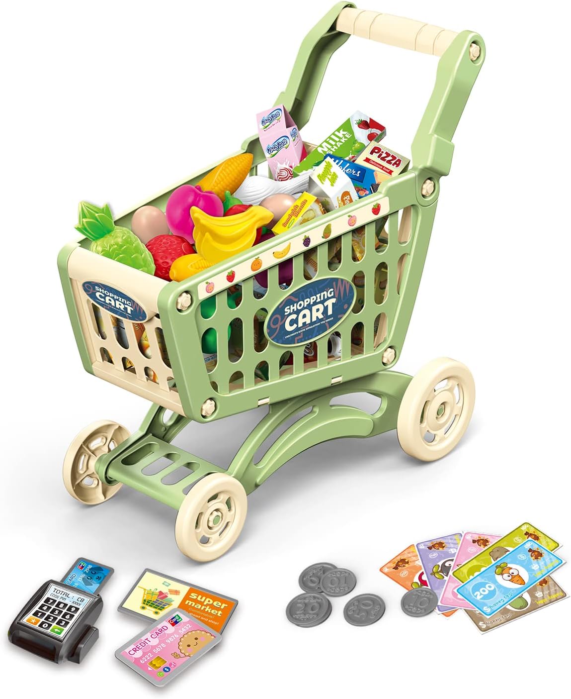 RedCrab kids shopping cart toy in green with 54 pretend fruit, vegetable and money accessories