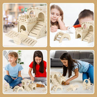 Wooden Hamster Toys 5-Piece Set - Natural Wood Hamster House, Swing, Climbing Ladder, Seesaw & Exercise Wheel - Small Animal Habitat Accessories for Dwarf Hamsters, Gerbils, Mice