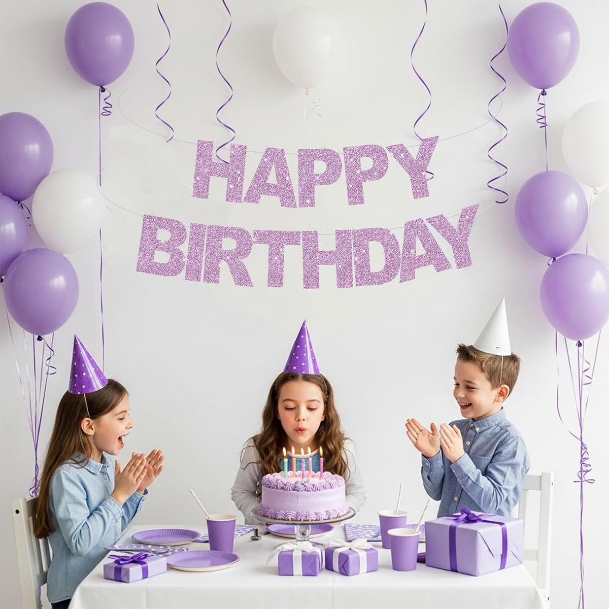BEISHIDA Pre-Strung Glitter Pink Happy Birthday Banner Party Sign - light purple - image 4