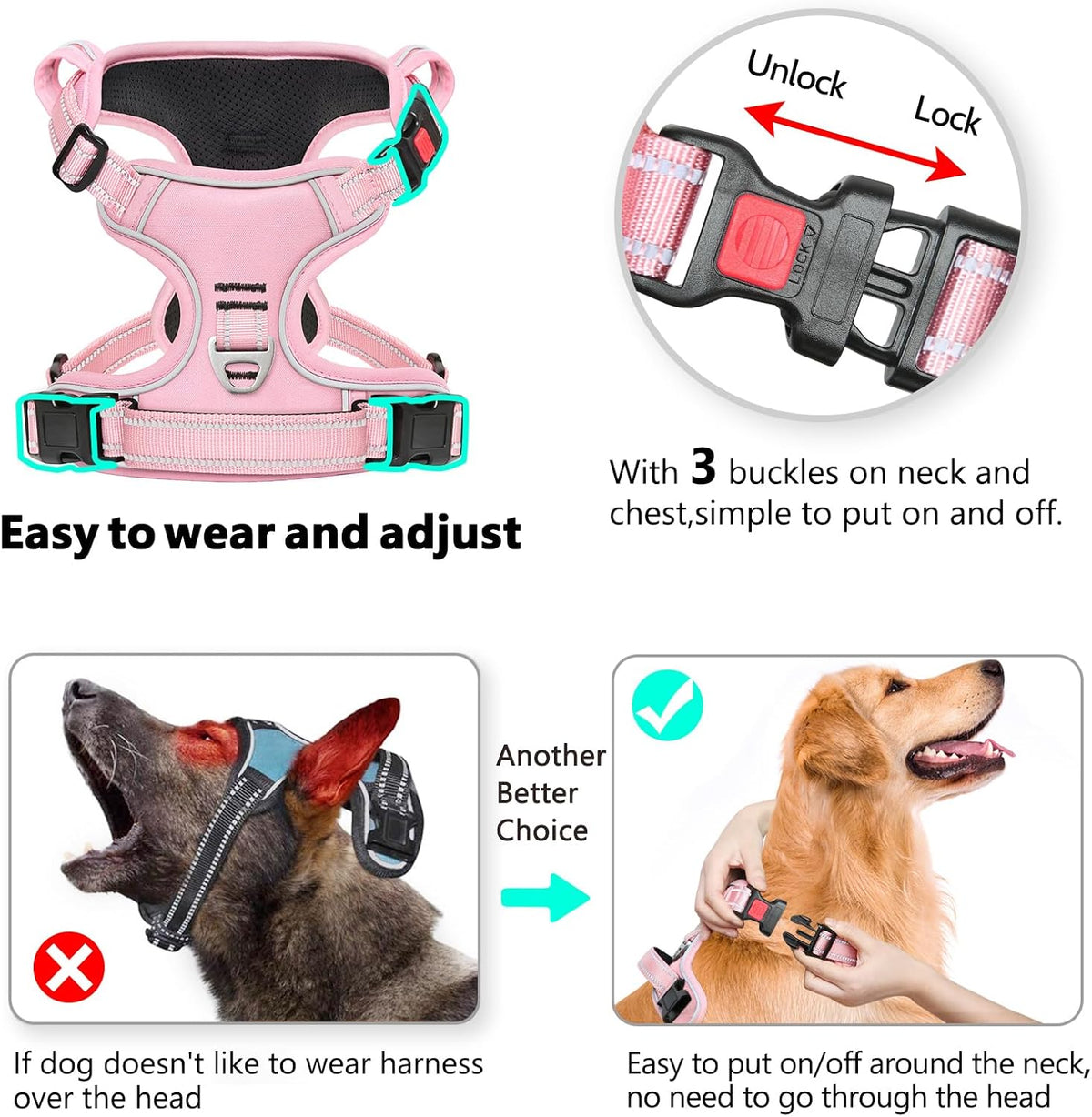 Timos Dog Harness, No Pull Large Sized with 3 Buckles - Large / Lock Pink - image 3