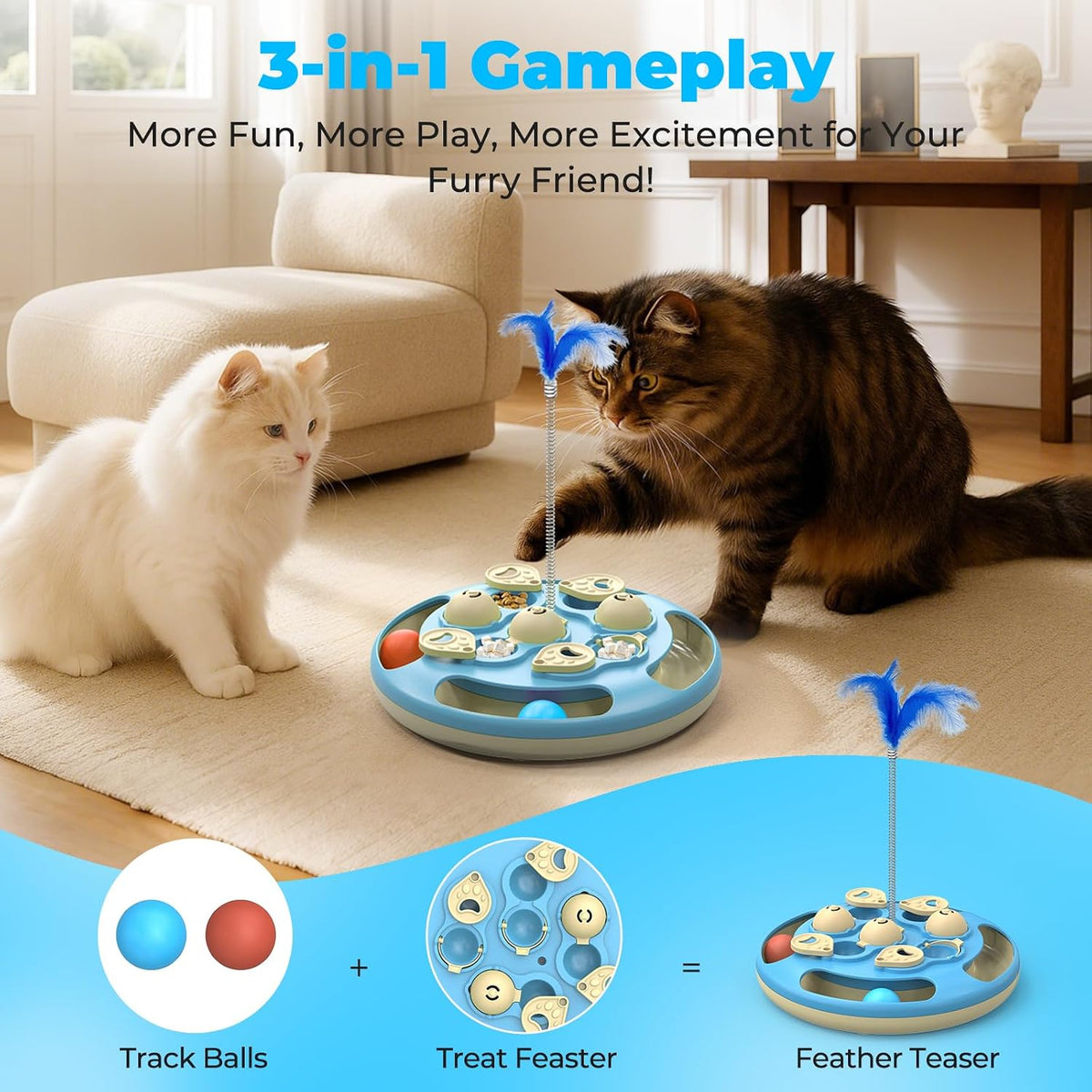 Cat Puzzle Feeder Toy, 3 in 1 Interactive Slow Feeder for Cats, Blue – Essentials for Cats - Blue - image 3