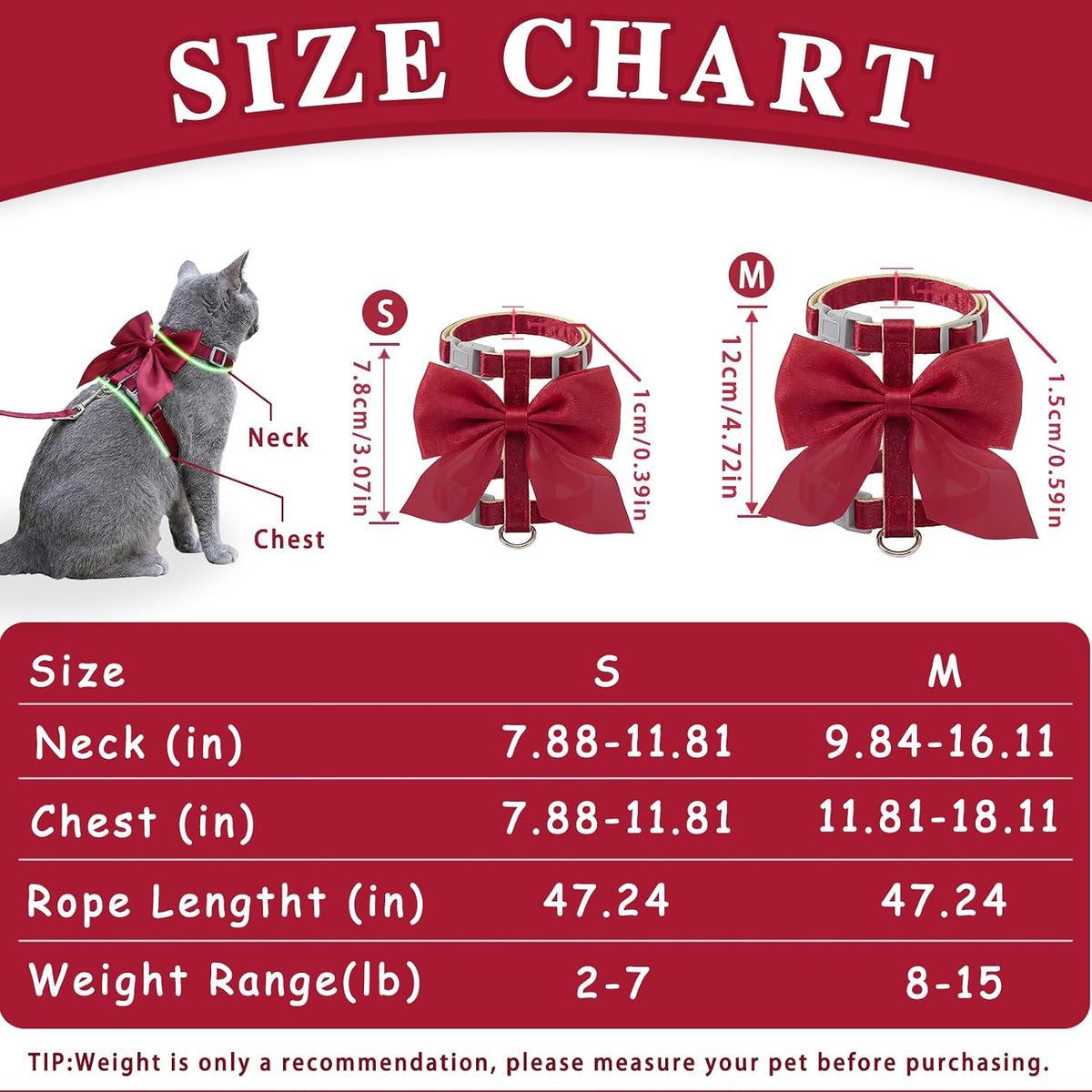 Tensho Pink Bow Cat Harness and Leash Set, Escape Proof - Red Bow / S - image 4