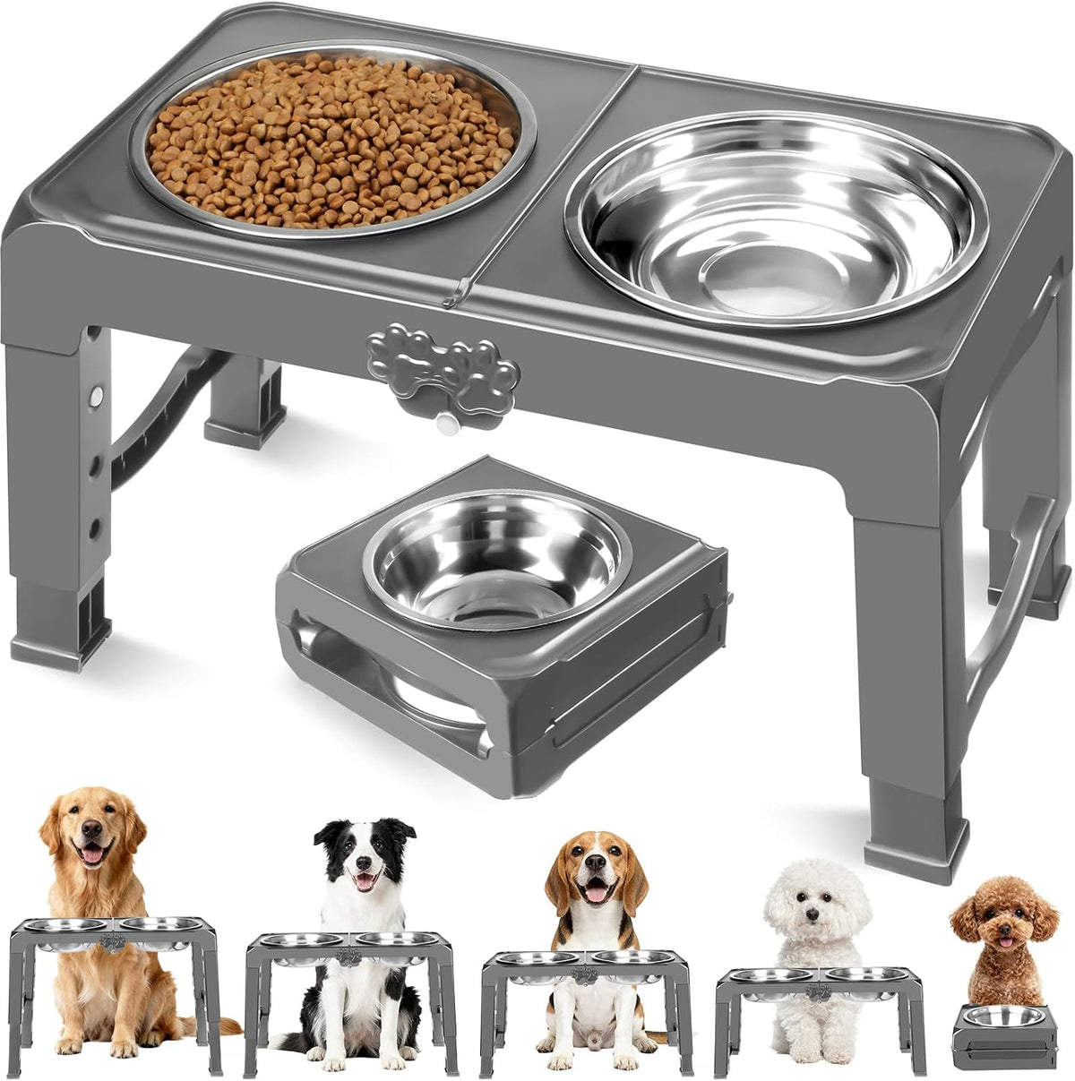 Elevated Bowls, 4 Height Adjustable Raised Stand With 2 Thick 50oz Stainless Steel Food Bowls - Grey / 7.1" for Medium Dogs
