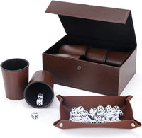 ImnBest set of six black felt-lined leather dice cups with 30 dice and faux leather storage case