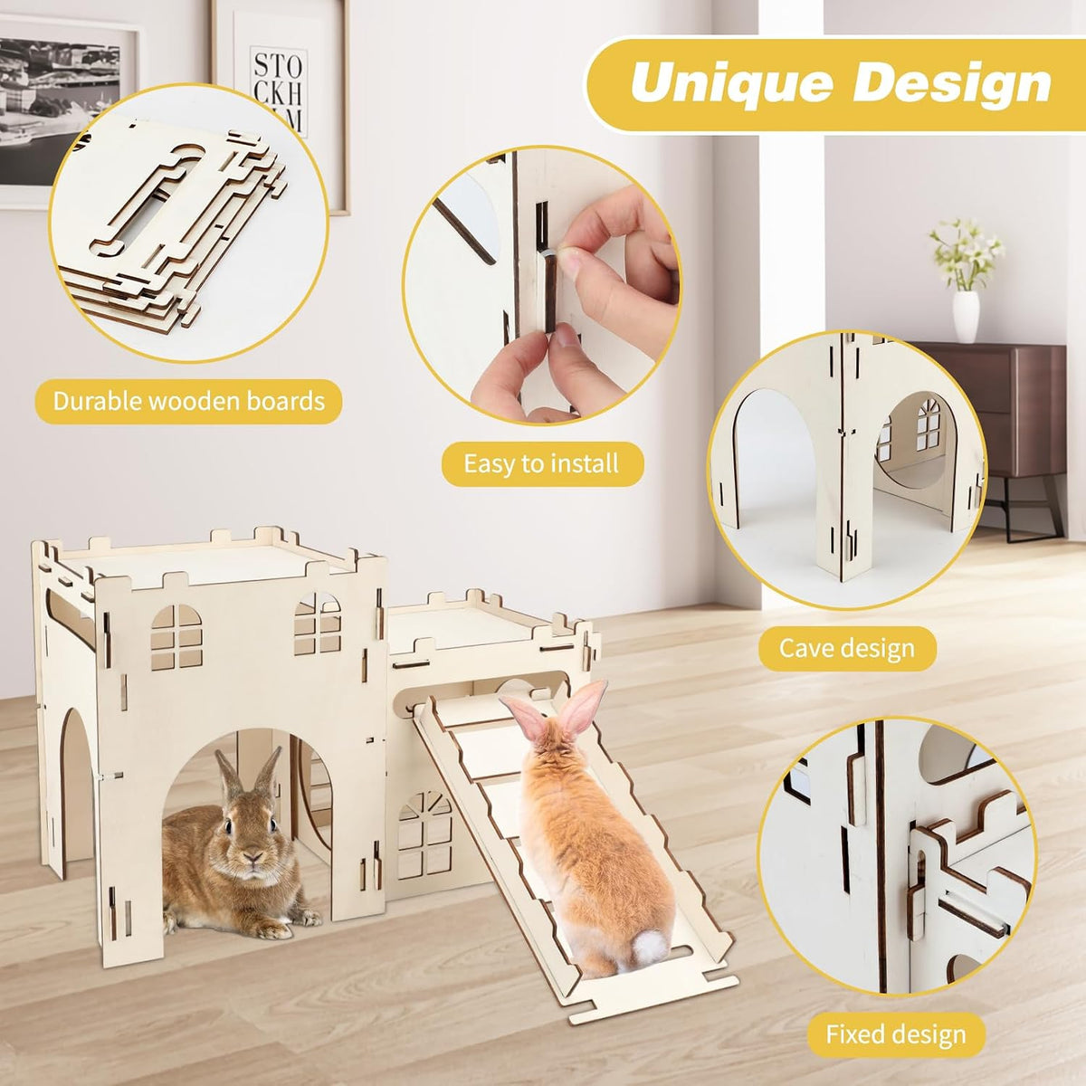 Large Wooden Bunny Hideout - 2 House and 1 Ladder - image 3