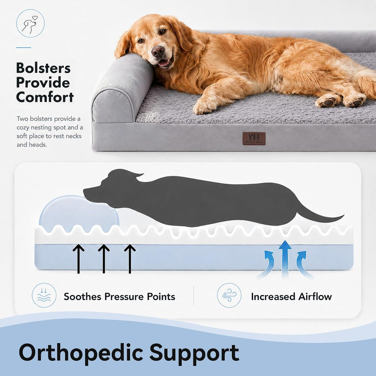 WESTERN HOME Orthopedic Dog Bed Washable Couch for Large Senior Dog - Grey / 50" x 36" x 7.5" - image 2