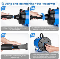 Dog Dryer, 5.2HP/3800W High Velocity Dog Hair Dryer with 4 Nozzles, Stepless Adjustable Speed & Temperature Control, Low Noise Professional Dog Grooming Dryer (Blue)