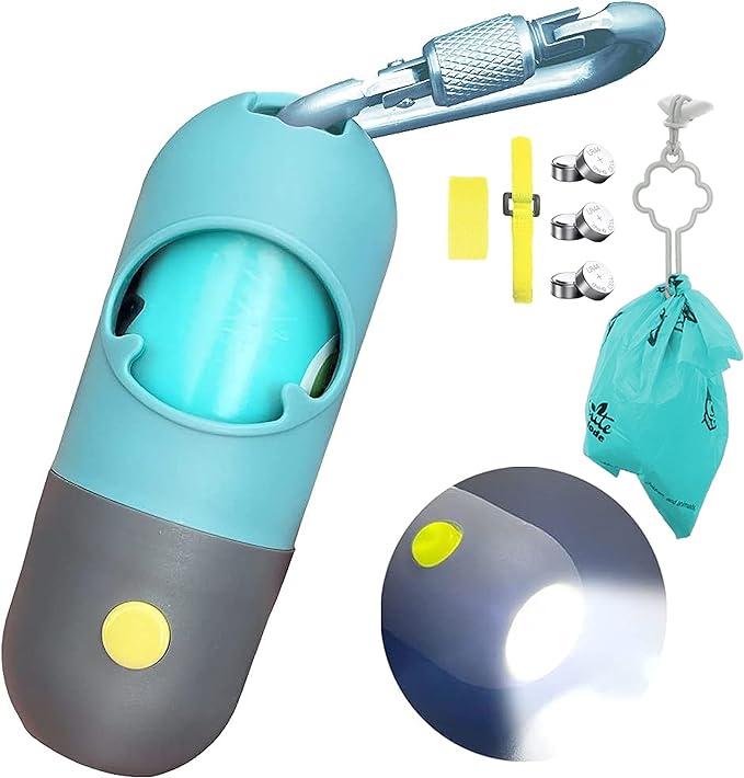 Dog Poop Bag Dispenser with Built-in LED Flashlight and Metal Clip for Leash, Pet Waste Bag Holder, Dog Walking Accessory (Cystal Blue)