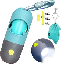 Dog Poop Bag Dispenser with Built-in LED Flashlight and Metal Clip for Leash, Pet Waste Bag Holder, Dog Walking Accessory (Cystal Blue)