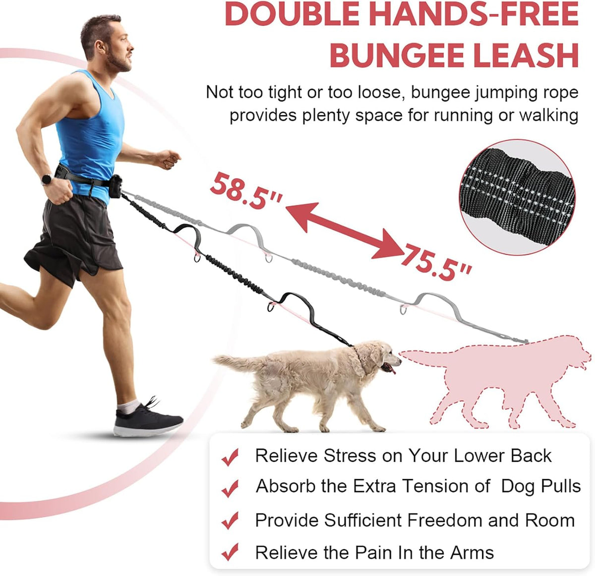 Hands Free Dog Leash for Two Dogs Walking, Running – Essentials for Dogs - Black/Pink / Large - image 3