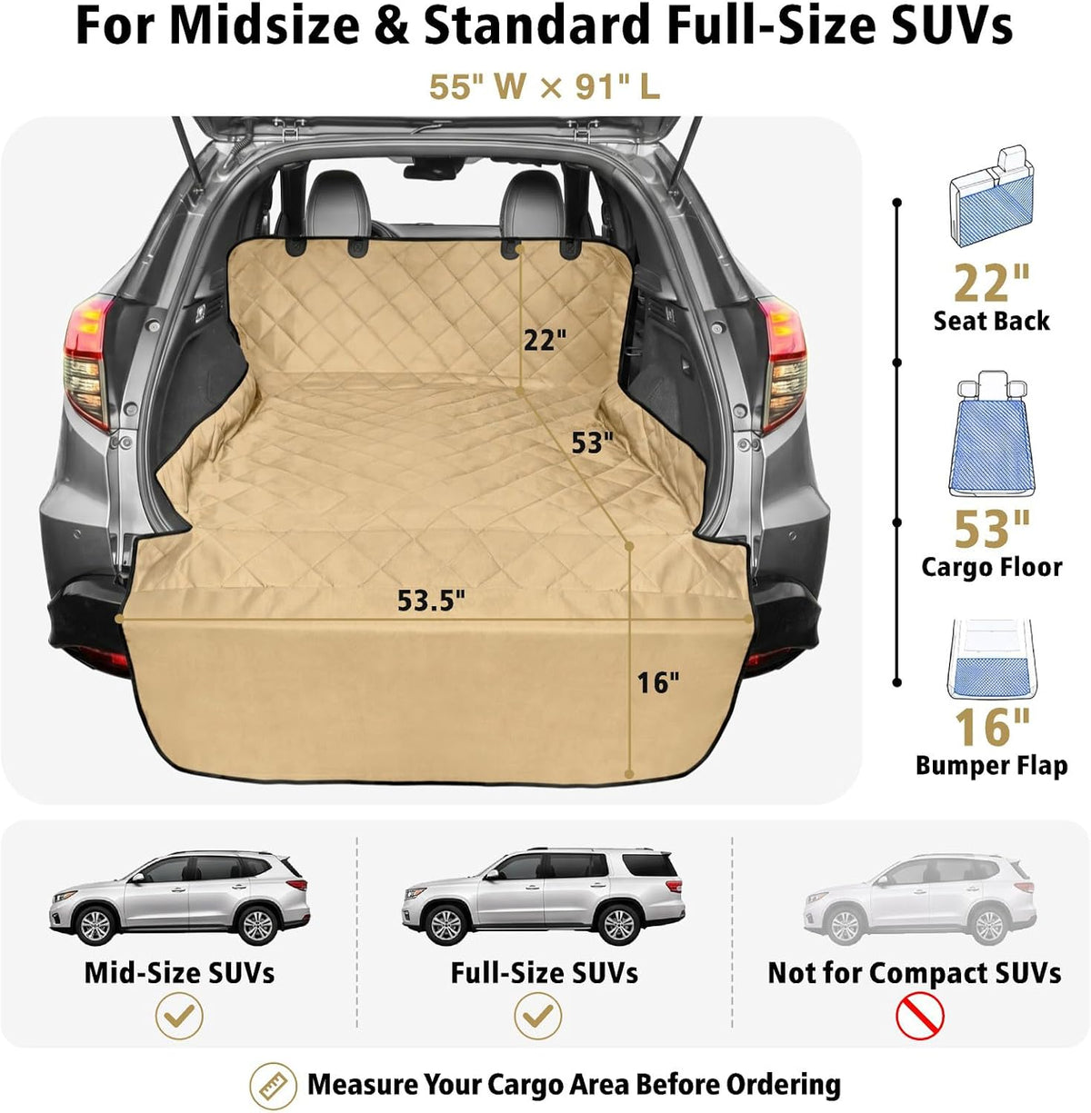 SUV Cargo Liner for Dogs - Trunk Cover for SUV with Bumper Flap Protector – Essentials for Dogs - Khaki / Standard: 55" x 91" - image 2