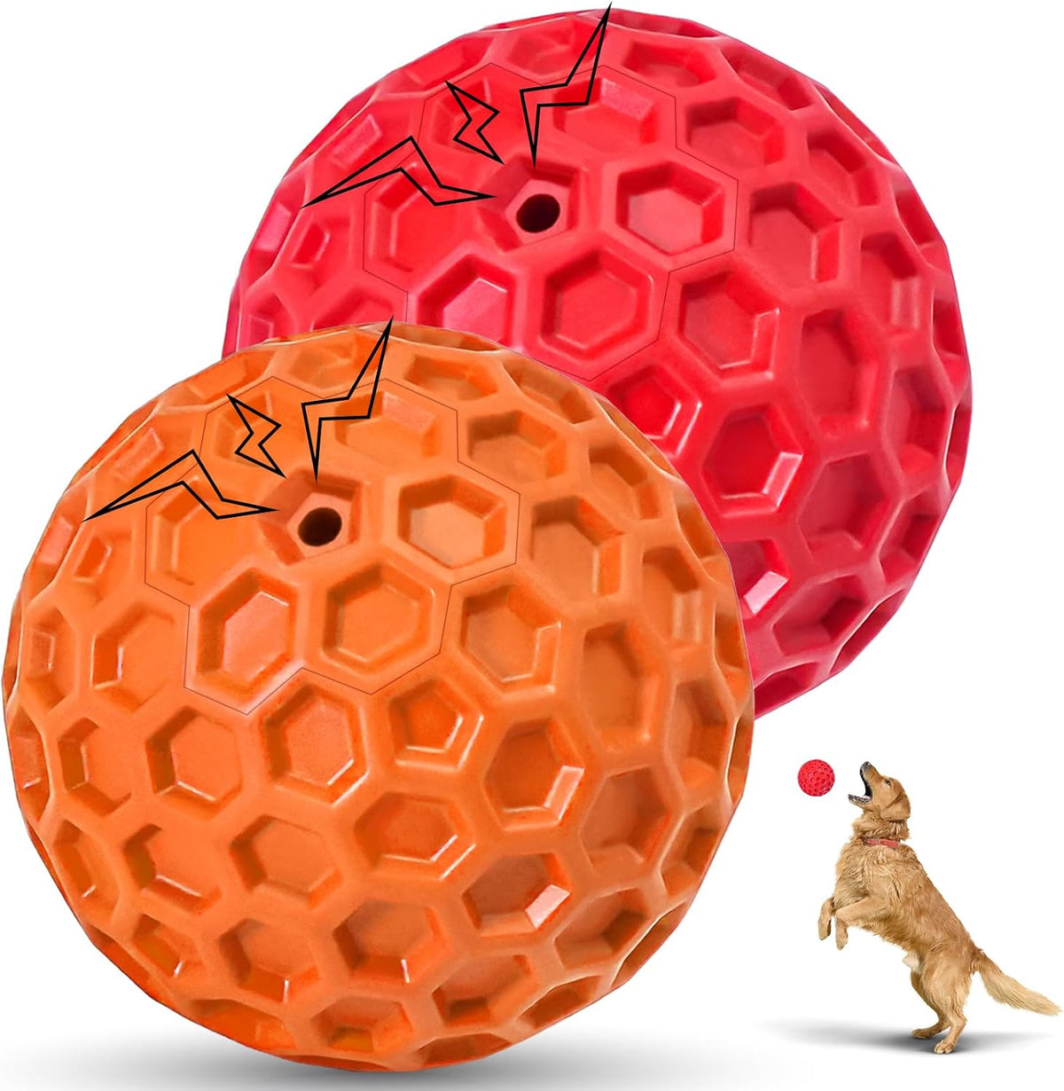 2 Pack Indestructible Squeaky Dog Balls for Aggressive Chewers - Red+Orange