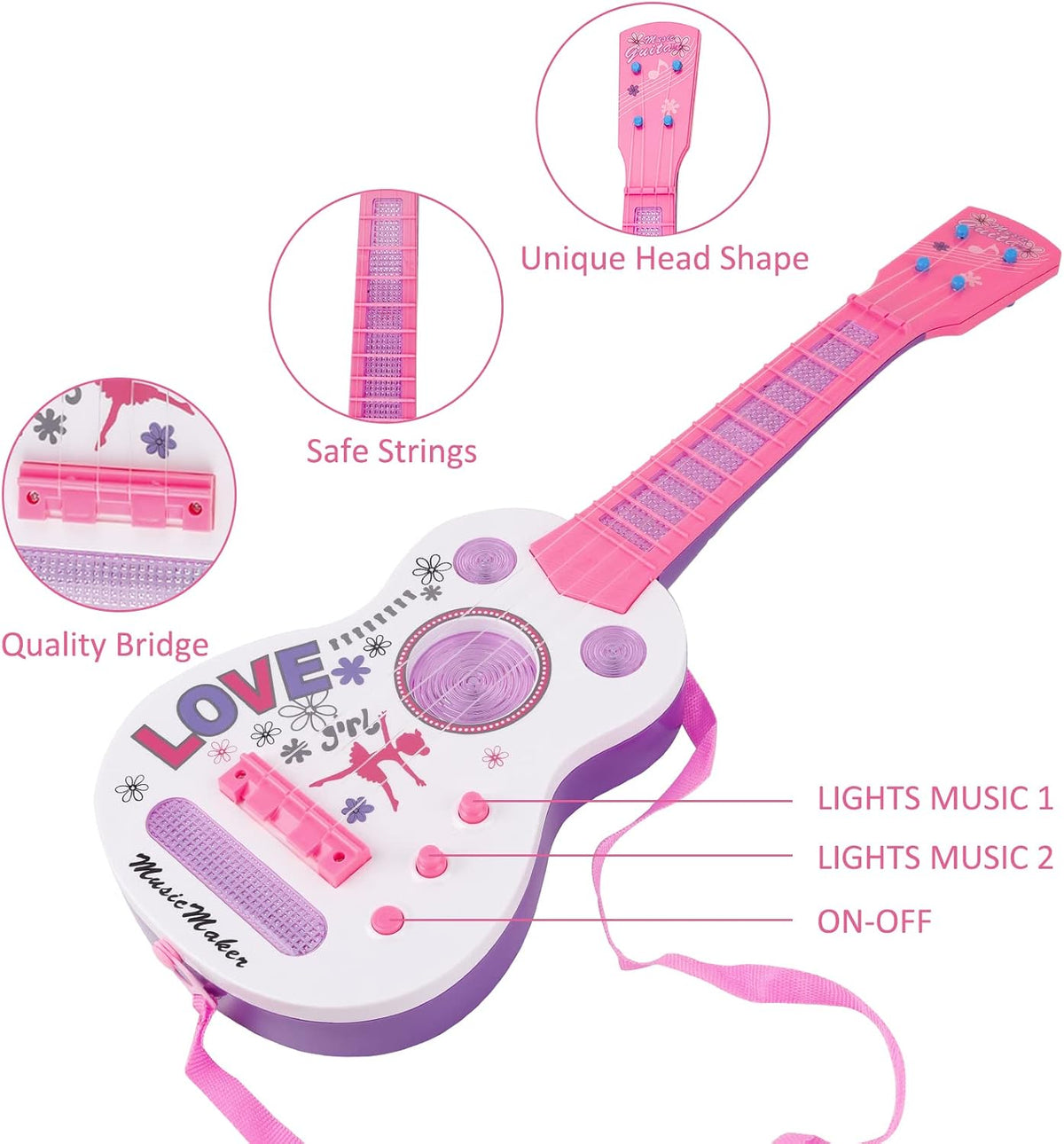 M SANMERSEN kids electric guitar toy with 4 strings, LED lights and shoulder strap - view 2