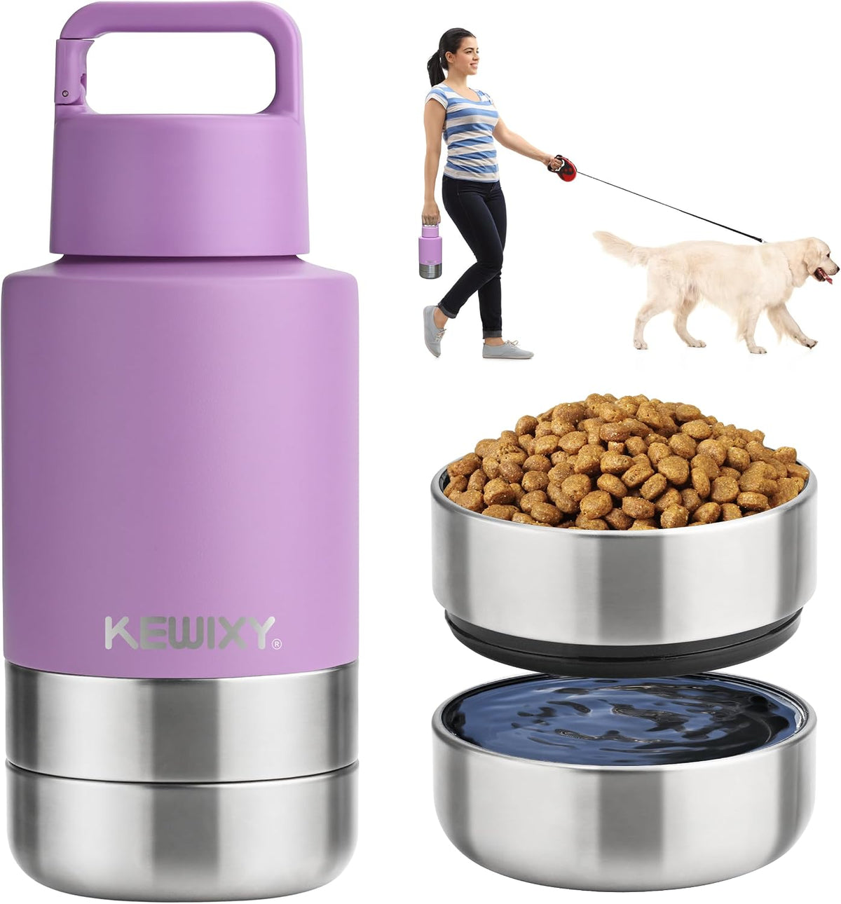 KEWIXY Insulated Dog Travel Water Bottle with Detachable Bowls - Lavender / 32 Oz