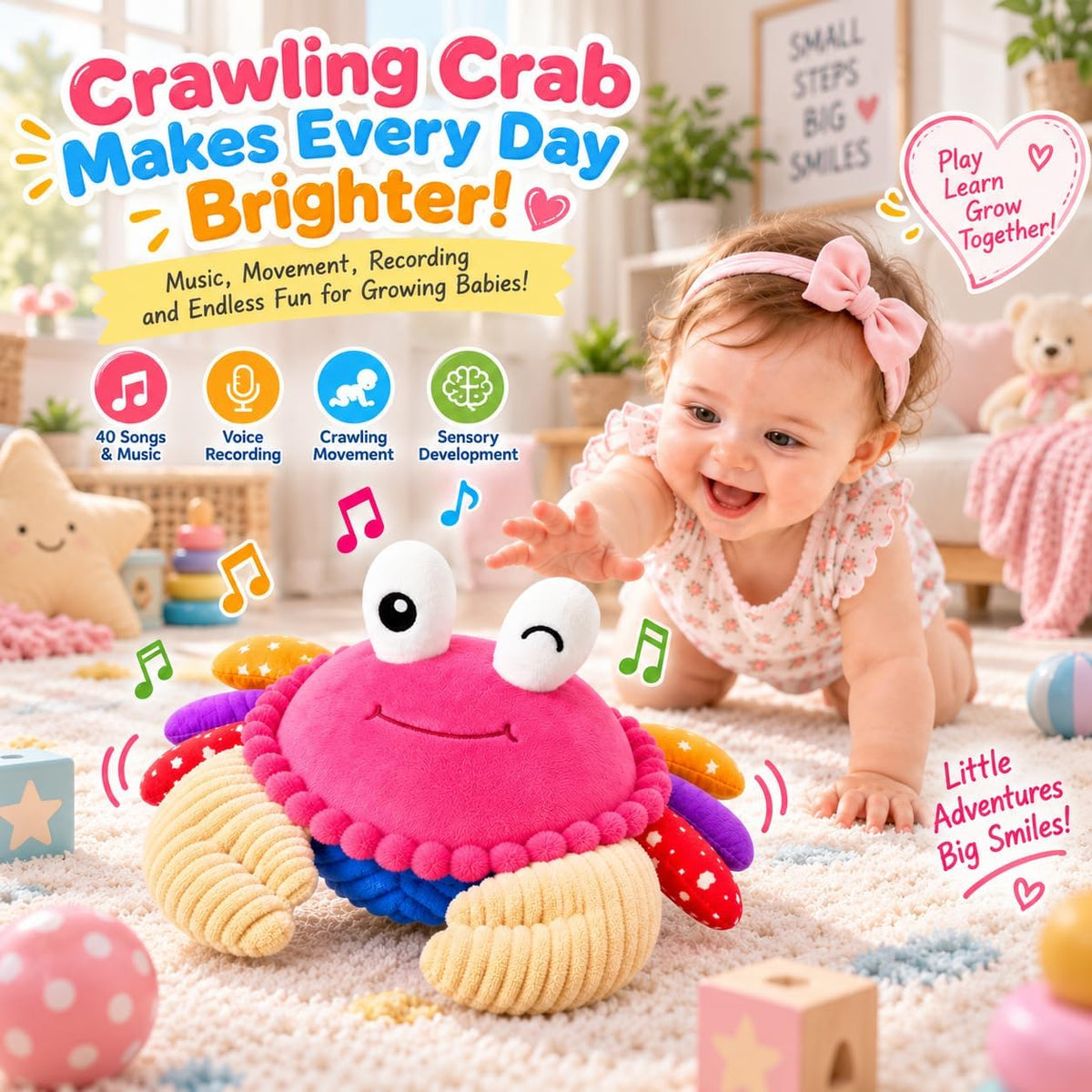 Interactive Crawling Crab Baby Toy - Pink - image 2