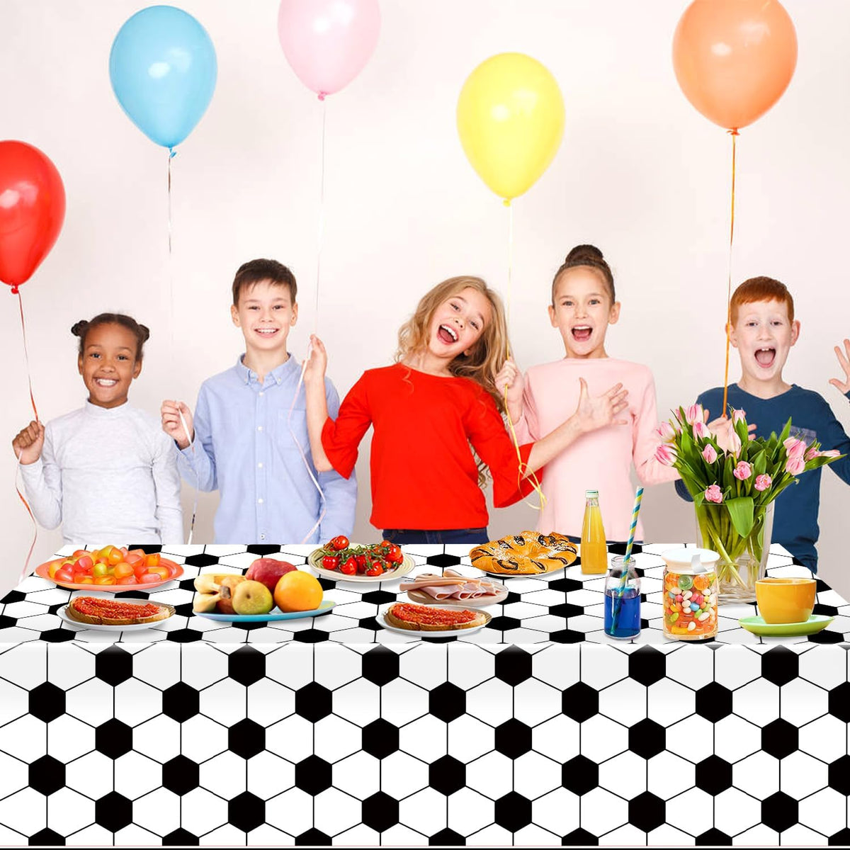 Oigco race car tablecloth with black and white checkered pattern on a rectangular party table - view 7