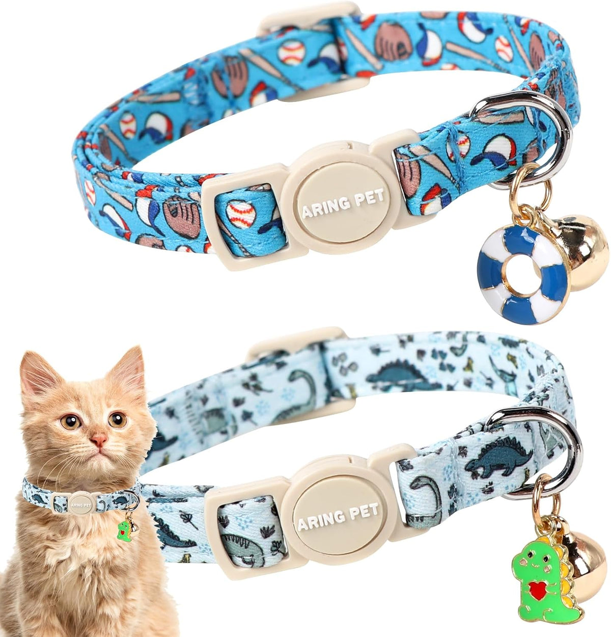 ARING PET 2 Pack Cat Collar-Cute Cotton Cat Collar Breakaway - Dinosaur&Baseball