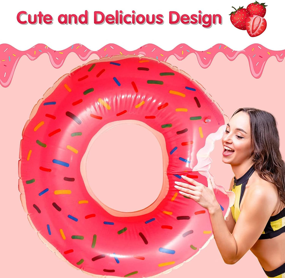 DMAR Donut Pool Float, Donut Tube & Ring for Beach & Pool - 23.4in Strawberry Pink - image 3
