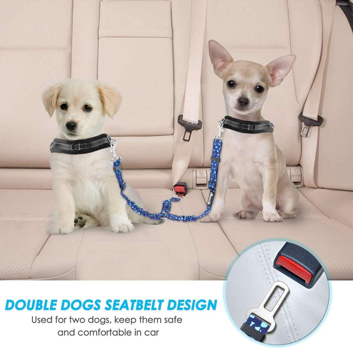 SlowTon Double Dog Seat Belt for Car with Elastic Bungee Buffer - I.Blue Paws / 2 Small in 1 - image 2