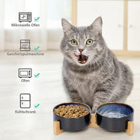 SPUNKYJUNKY Ceramic Dog and Cat Bowl Set with Wooden Stand, Modern Cute Weighted Food Water Set for Small Size Dogs (13.5OZ) & Medium Sized Dogs (28.7OZ) & Cats (1.7 Cups, 2 × Starry Blue)