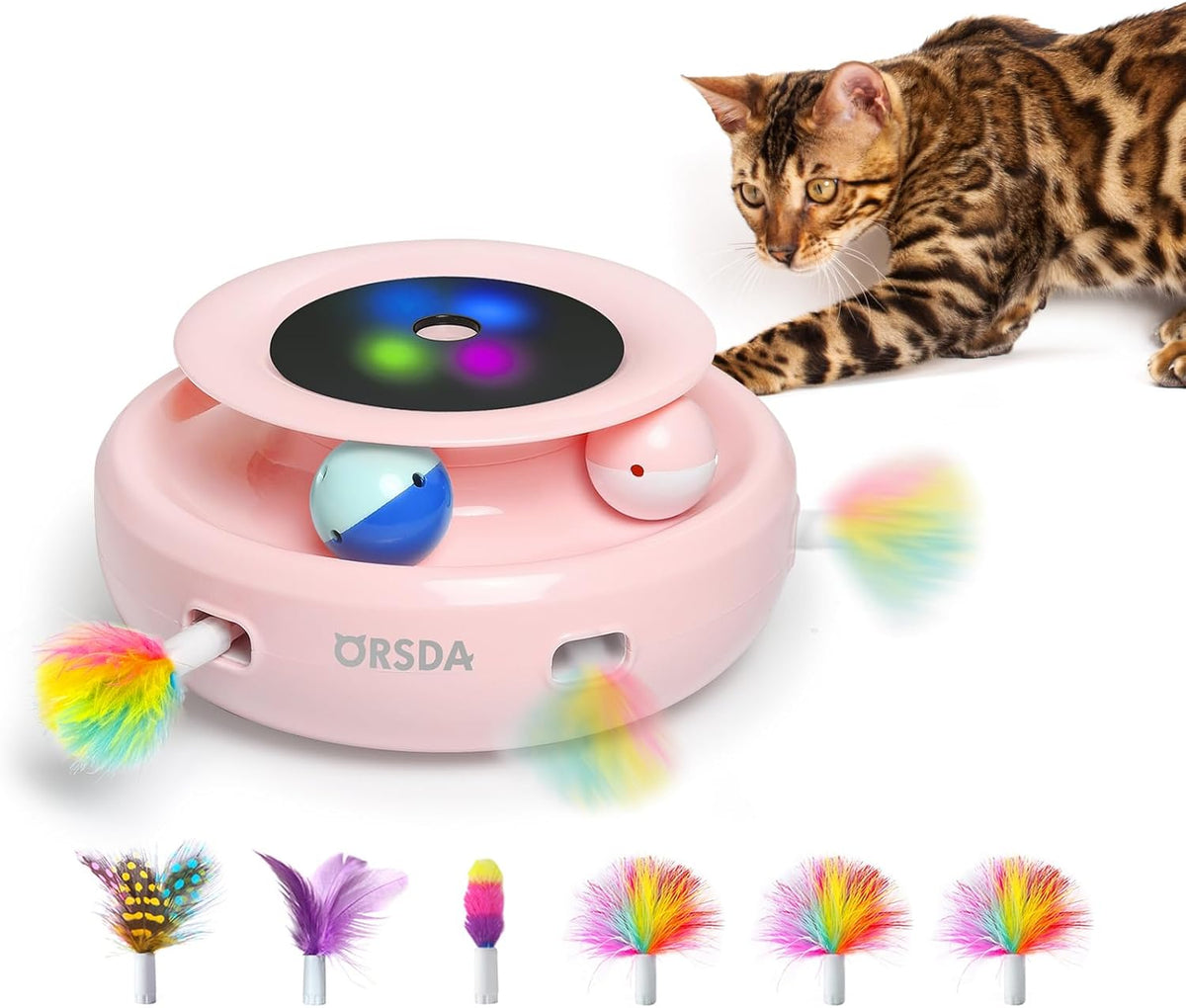 ORSDA 2in1 Interactive Toys for Indoor Cats, Timer Auto On/Off - Cherry Blossom Pink