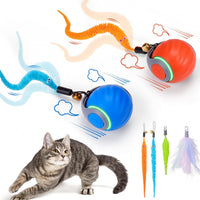 Interactive Cat Toy Ball - Automatic Interactive Cat Toys for Indoor Cats with 3 Tails, 2 Speeds - 2 Pack Blue+Orange